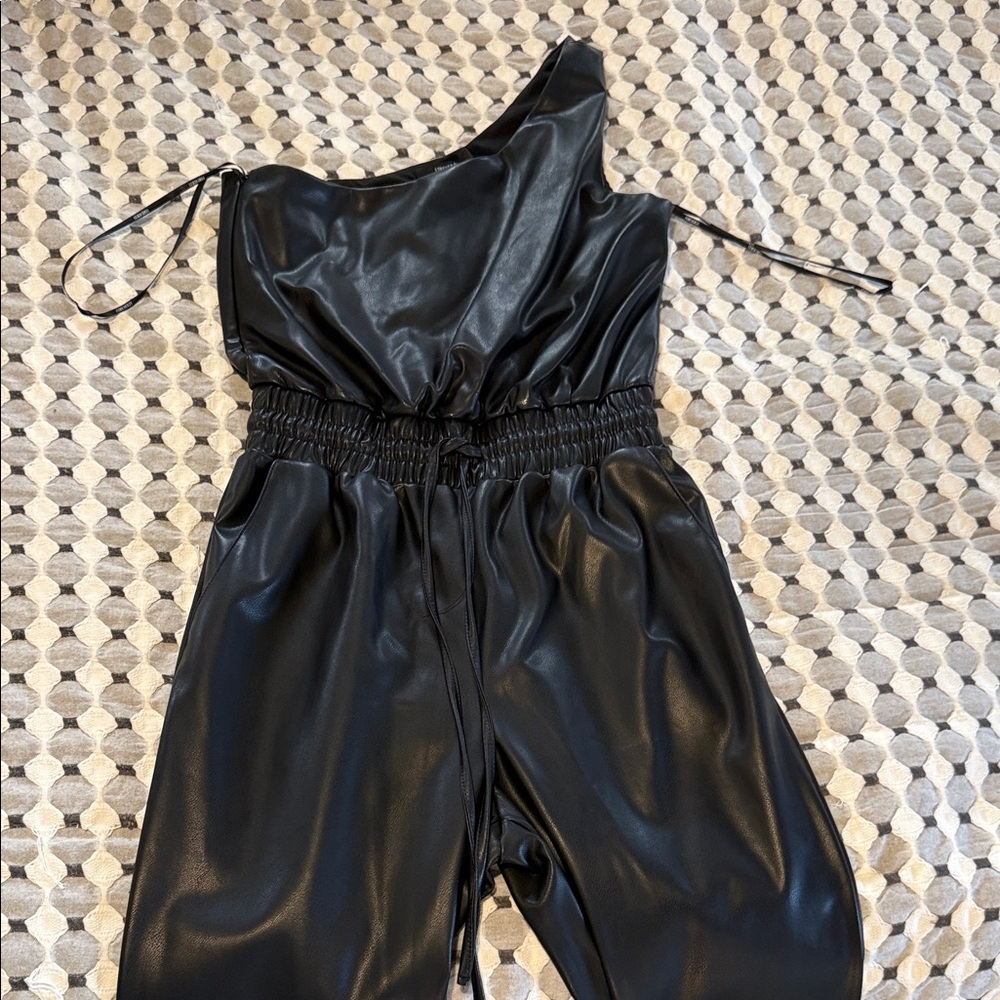 Forever 21 Black Faux Leather One-Shoulder Jumpsuit